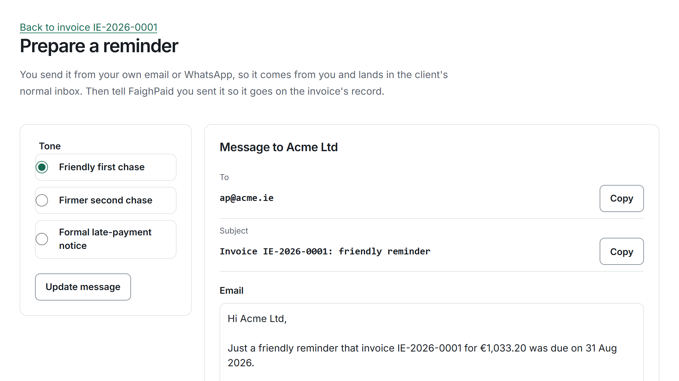 Prepare a reminder screen with tone options and the reminder email ready to copy